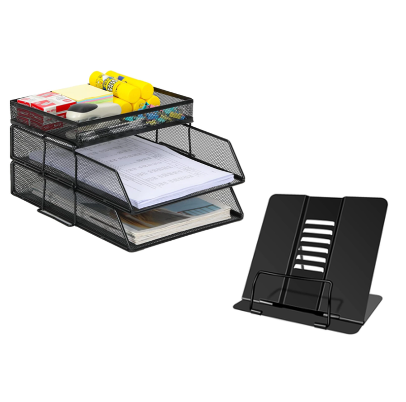 [Documentenorganizer set] Senhoglb 2-laags A4 mesh documentenbakje stapelbaar met bovenste houder + Vilscijon verdikte verstelbare boekenstandaard met houdingcorrectie, boekenhouder met meerdere standen