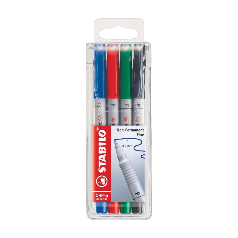 STABILO OHPen universeel - Pen voor Dia-projectie - Oplosbaar Fijn (F) - Verpakking van 4 - Assortiment Kleuren