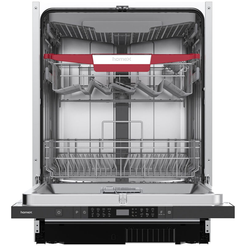 homeX DWFI601444C Geschirrspüler – 60 cm vollintegriert, 14 Maßgedecke, 8 Programme, Energieklasse C, AquaStop, Besteckschublade, 44 dB, AutoDoor, Bodenbeleuchtung, Silber