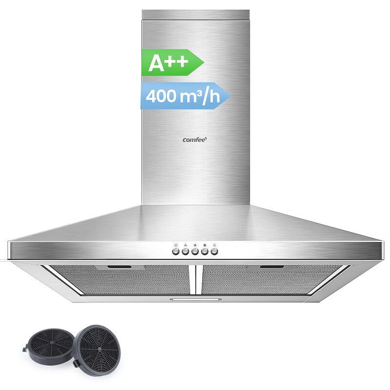 Comfee' CH60A17EM400SS-EU Afzuigkap, A++, 60 cm Convectie en Afzuiging, Wandafzuiging met Actieve Koolstoffilter, 400 m³/h Luchtstroom, 5 Lagen, Wasbaar Vetfilter, Verstelbare Haard, Zilver [Energieklasse A++]