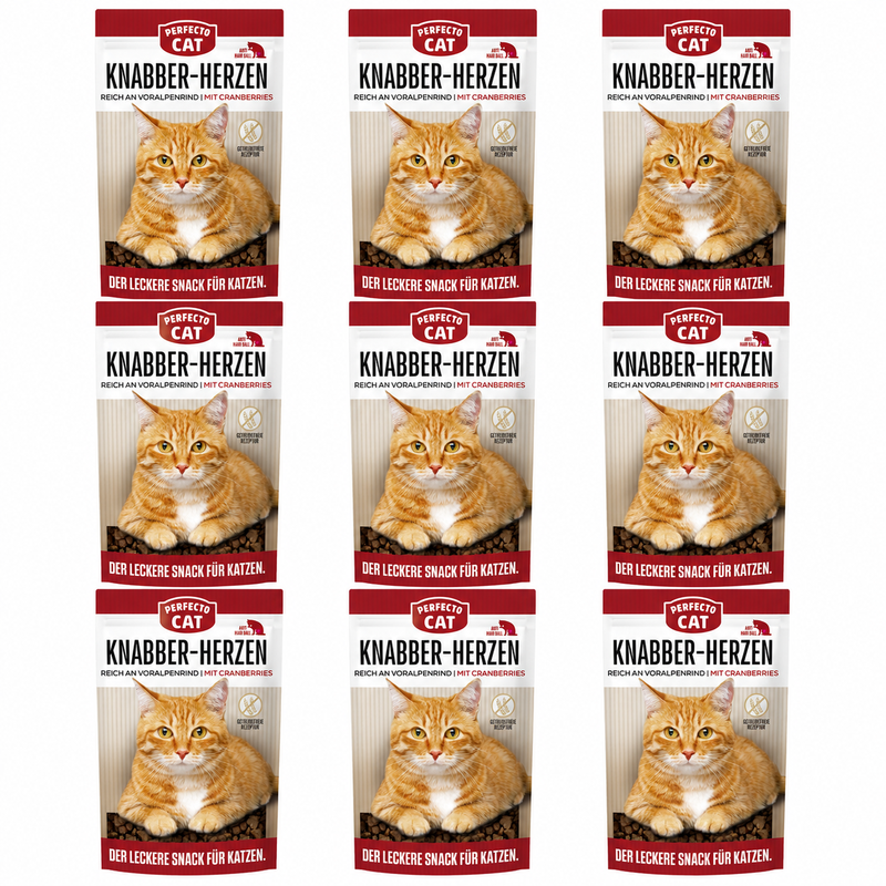Perfecto Cat Feine Knabber-Herzen Voralpenrind & Anti Hairball 9 x 50 g