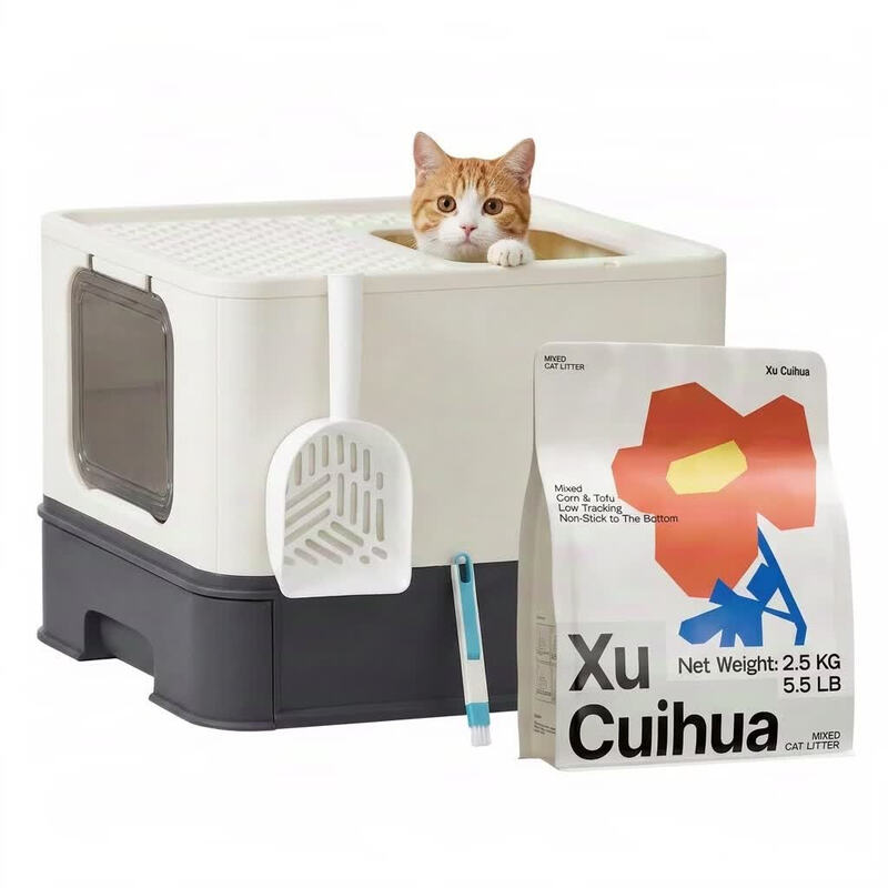 JOYFURNOS geschlossene Katzentoilette mit Deckel und Xu Cuihua Tofu- und Pflanzenmischung Katzenstreu