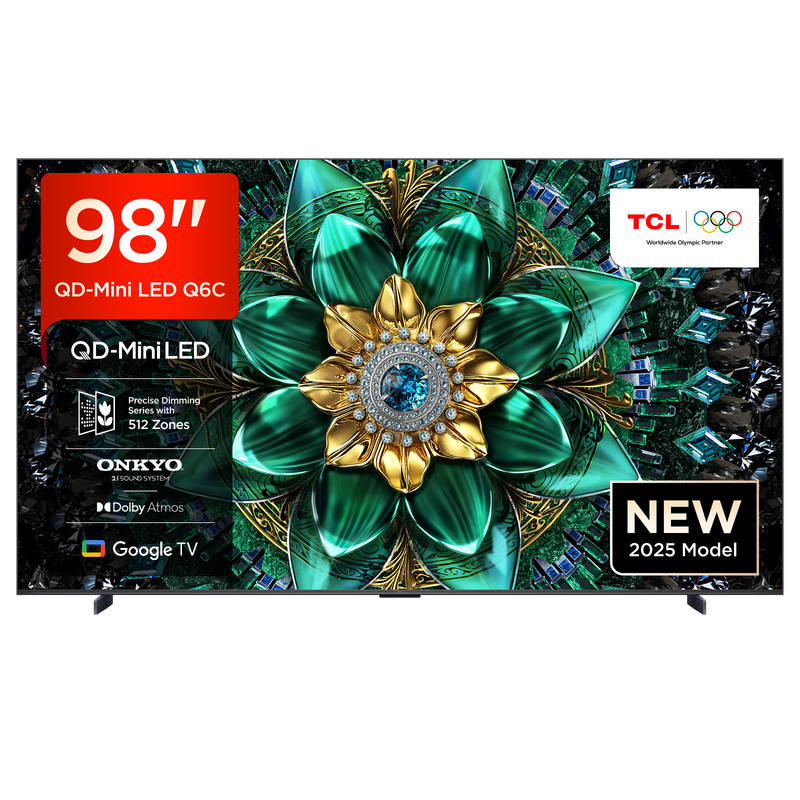 TCL 98Q6C QD-Mini LED TV, 98 Zoll, 4K HDR Premium, mit Dolby Vision IQ & Atmos, Onkyo 2.1 Sound, Smart TV mit Google TV, Game Master Mode, 144 Hz Motion Clarity Pro, AMD FreeSync Premium Pro, HDMI 2.1, AirPlay 2, mit Google Assistant & Alexa