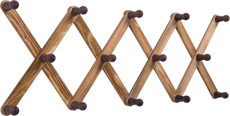 MyGift 14 Haken aus gebranntem Holz, wandmontiert, erweiterbarer Akkordeon-Kleider- und Hutständer