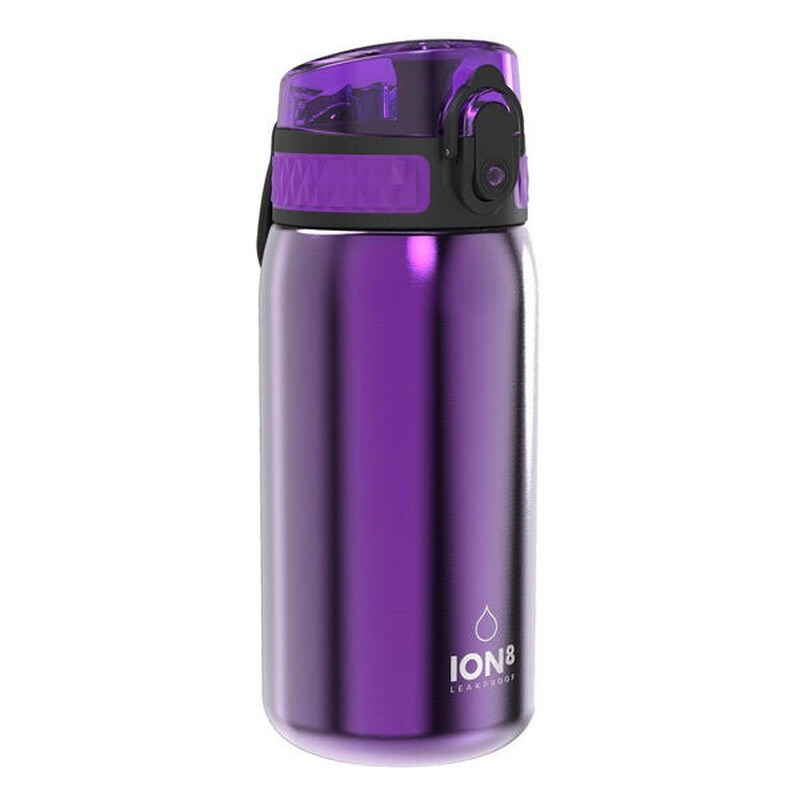 ION8 lichtgewicht roestvrijstalen waterfles voor kinderen, 400 ml/13 oz, niet geïsoleerd, lekvrij, eenvoudig te openen, veilige vergrendeling, vaatwasserbestendig, past in bekerhouders, draaggreep, metalen waterfles, metallic paars