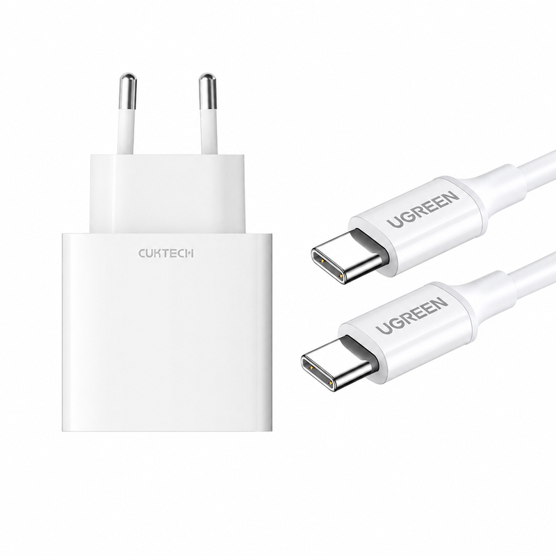 CUKTECH 30 W USB-A + USB-C Fast Charger with UGREEN USB-C Cable 1 m, EU Plug, White, Charging Bundle