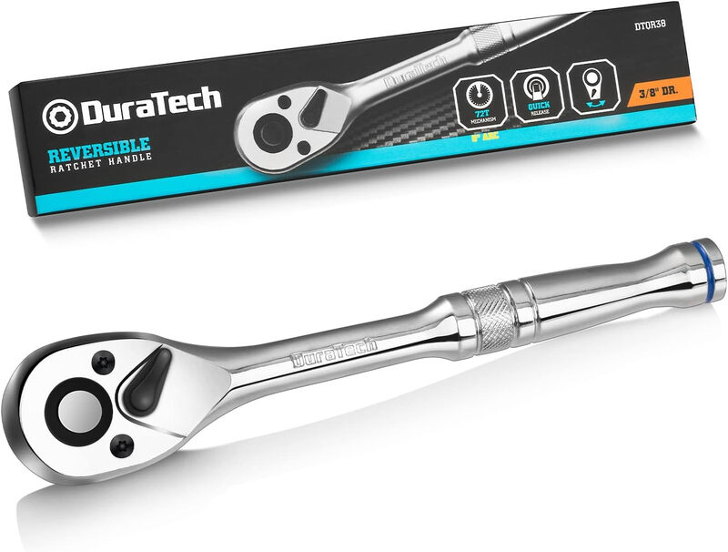 DURATECH 3/8-Zoll Steckschlüssel-Schnellspanner, 72 Zähne, Reversibles Schalter, Vollpolierte Verchromung, Legierter Stahl