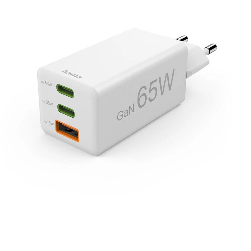 Hama USB-C Ladegerät, GaN Tech Mini Netzteil: 65W PD Schnellladung mit 2x USB-C & 1x USB-A Port, kompakt und effizient, weiß