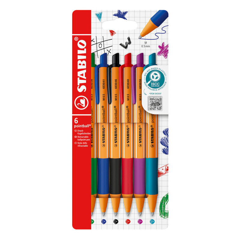 Pointball - Ballpoint Pen - Pack of 6 - Red, Blue, Black, Green, Turquoise, Lilac