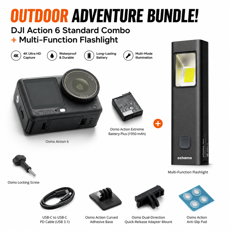 DJI Action 6 Standaard Combo + Outdoor Multifunctionele Zaklamp – Ultieme Avonturenkit voor Nachtshooting, Kamperen en Extremsporten