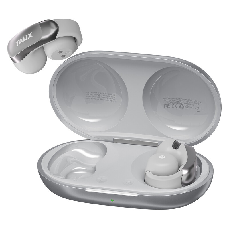 TALIX ultra-light clip-on wireless earbuds, clear calls with 4 microphones, 28 h battery, fast charge, Bluetooth 5.3, IPX4 water resistant, silicone earhook, G1, Grey