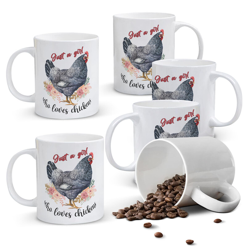 1pc 11oz White Mug with "Just a Girl Who Loves Chickens" Quote & Rooster Floral Art,
