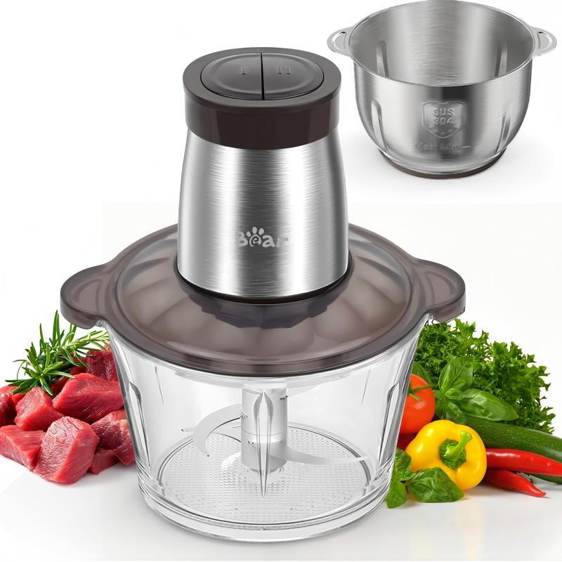 Bear Food Processor 2L+1.8L Double Cup 300W Electric Chopper with Glass & 304 Stainless Steel Containers, 2 Speeds & 4 Blades