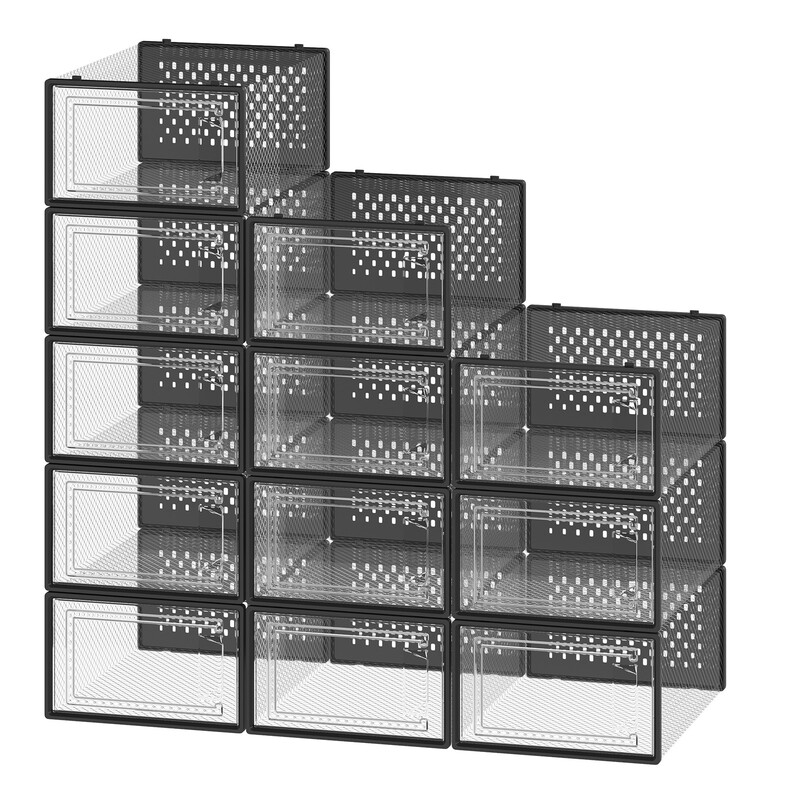 JOYFURNOS Set van 12 stapelbare sneakers opbergdozen, transparante plastic schoenenorganizers voor kledingkast, zwart en transparant