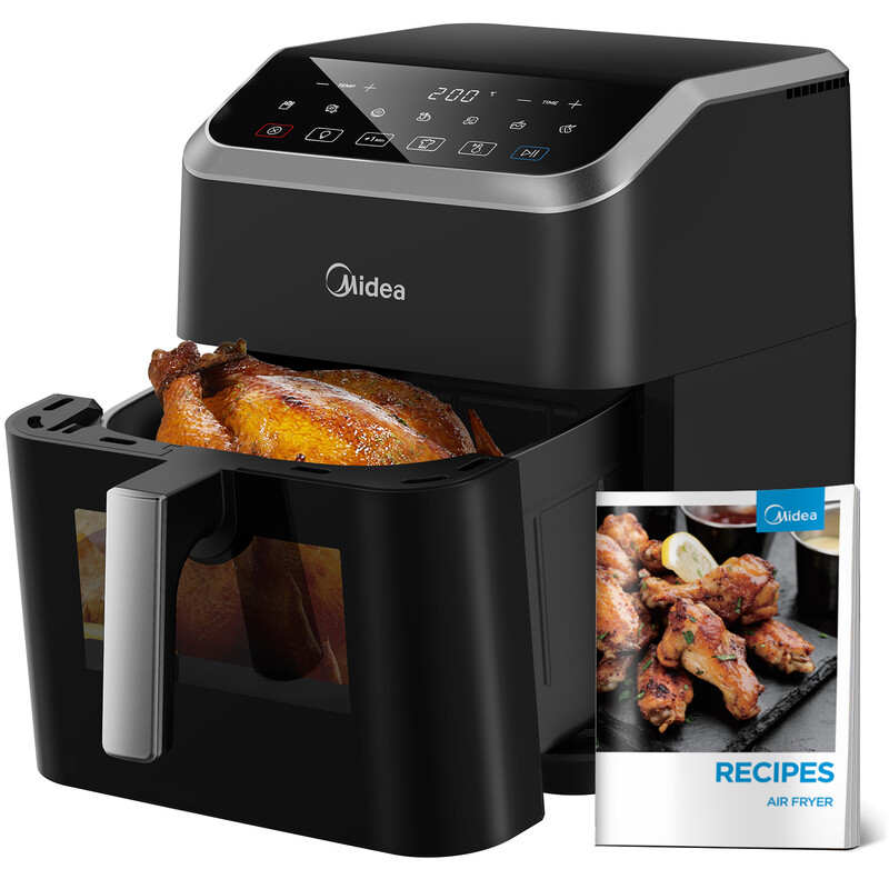 Midea Heißluftfritteuse, 7 L Fassungsvermögen mit HeatXpress-Technologie für 90 % weniger Fett, 7 Programme, energiesparend, schwarz