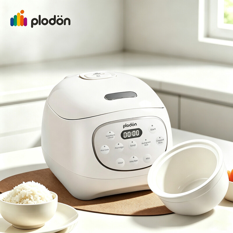 Plodon multifunctionele keramische rijstkoker, 1,2 L, 300 W, voor 1-2 personen, 23 h startuitstel, 8 h automatische warmhoudfunctie, 8-staps kookcurve, coatingvrije keramische binnenpan met antiaanbaklaag, PLD-FD12S-W
