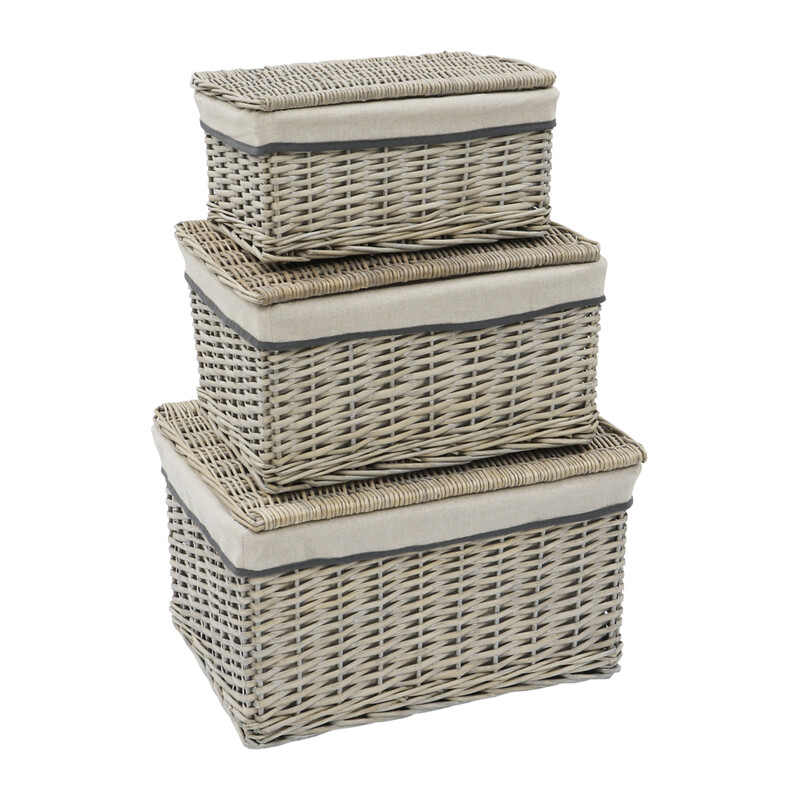 Arianna Rectangular Willow Hamper Baskets - Set of 3, Grey Wash