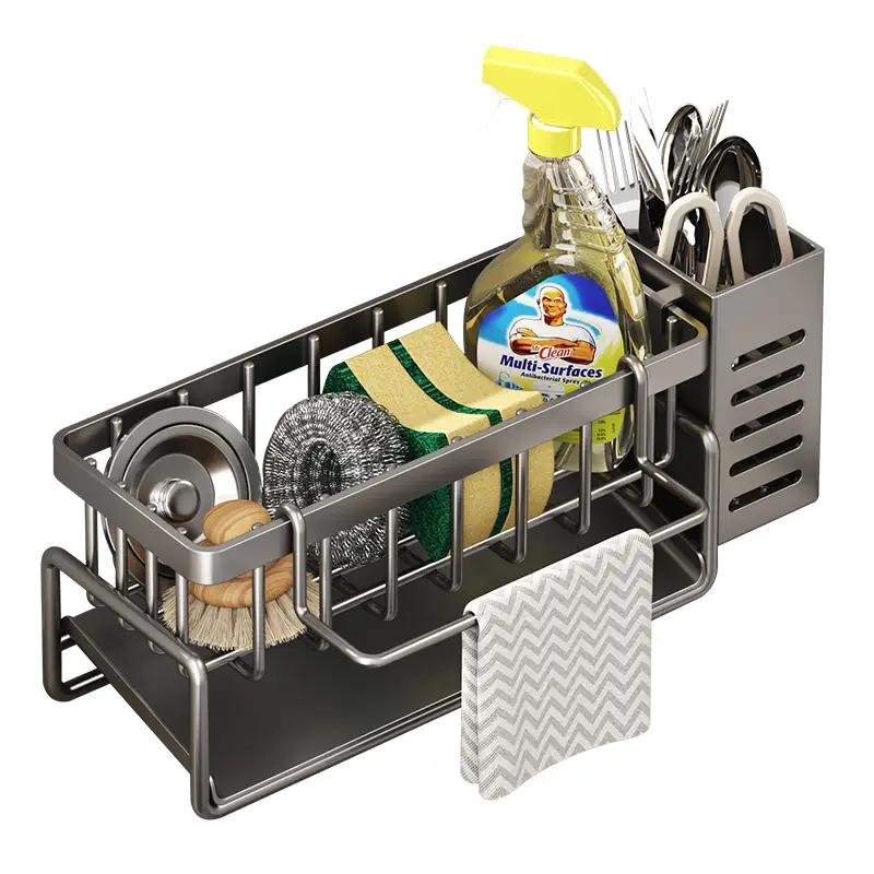 Grey Sponge Holder for Kitchen Sink, Sink Organizer with High Brush Holder MCZW5554