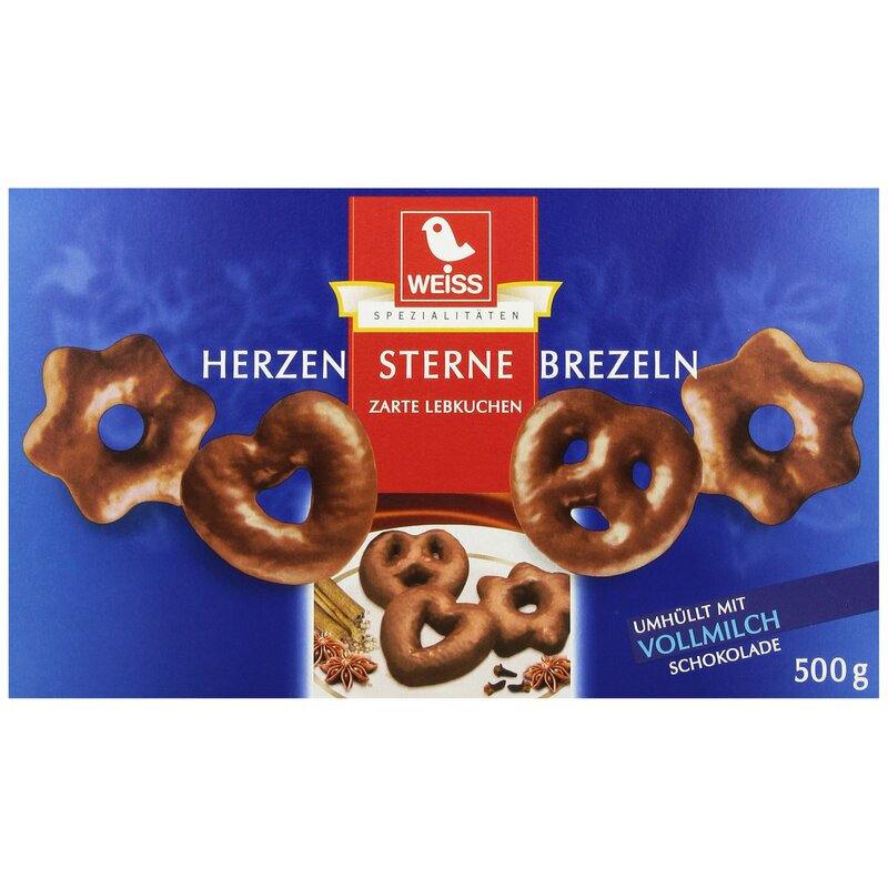Weiss Schoko-Lebkuchen Vollmilch-Herzen/Sterne/Zöpfe, 500 g Dose