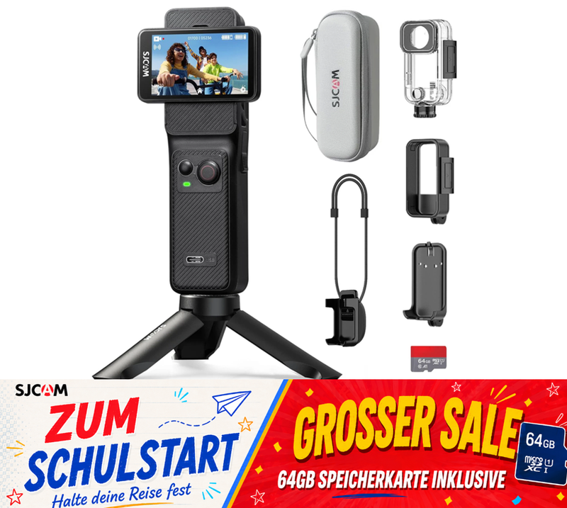 SJCAM C400 Actionkamera 4K, 7 Stunden Akkulaufzeit, 6-Achsen-Stabilisierung, Sportkamera mit Dual-Touchscreen, 30 Meter wasserdicht, Vlog-Kamera mit Zubehörset, Schwarz, inklusive 64 GB-Karte