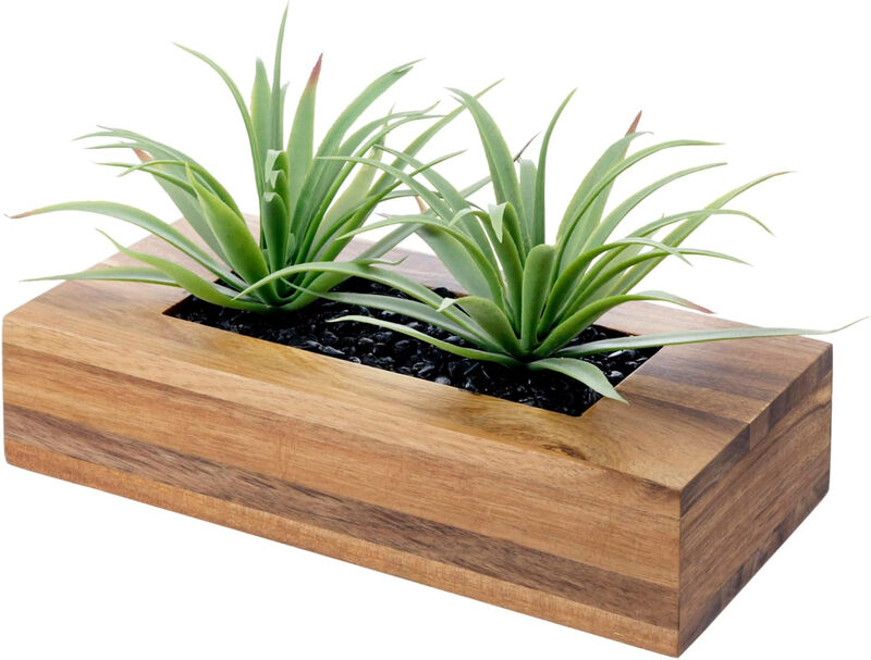 MyGift 25 cm künstliche Pflanze in luxuriösem Akazienholz-Topf