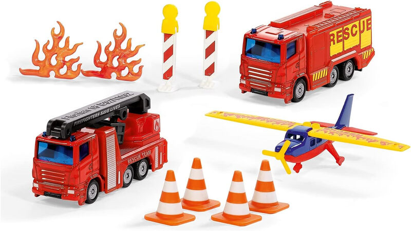 Siku brandweerauto cadeauset - 3-assige vrachtwagen en vliegtuig, meerkleurig