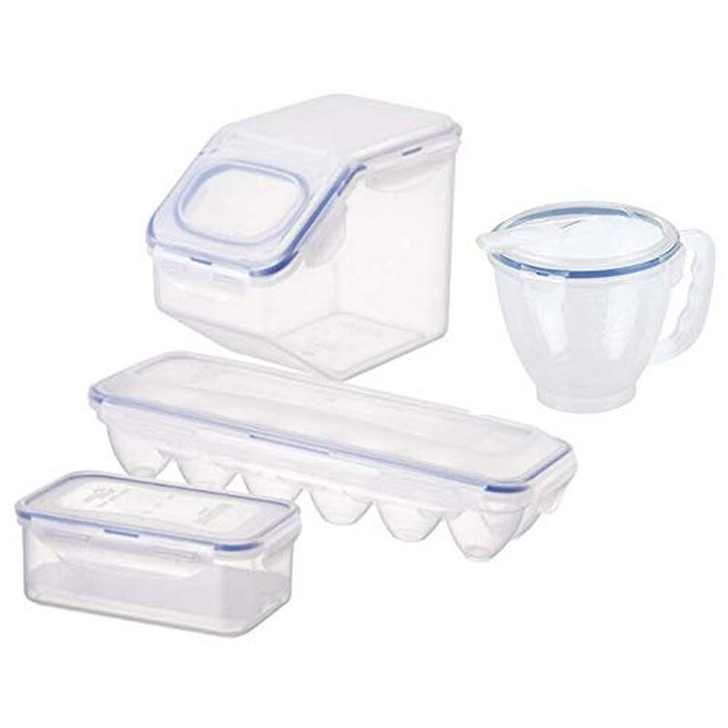 LOCK & LOCK Backset 4-teiliges Aufbewahrungsset für Backzubehör, transparent, inklusive Butterdose/Eierbehälter für 12 Eier/Mehrzweckbehälter mit Klappe/1 L Messbecher, PP-Kunststoff/4-seitiges Verschlusssystem/luftdicht/BPA-frei/spülmaschinenfest/30 Jahr