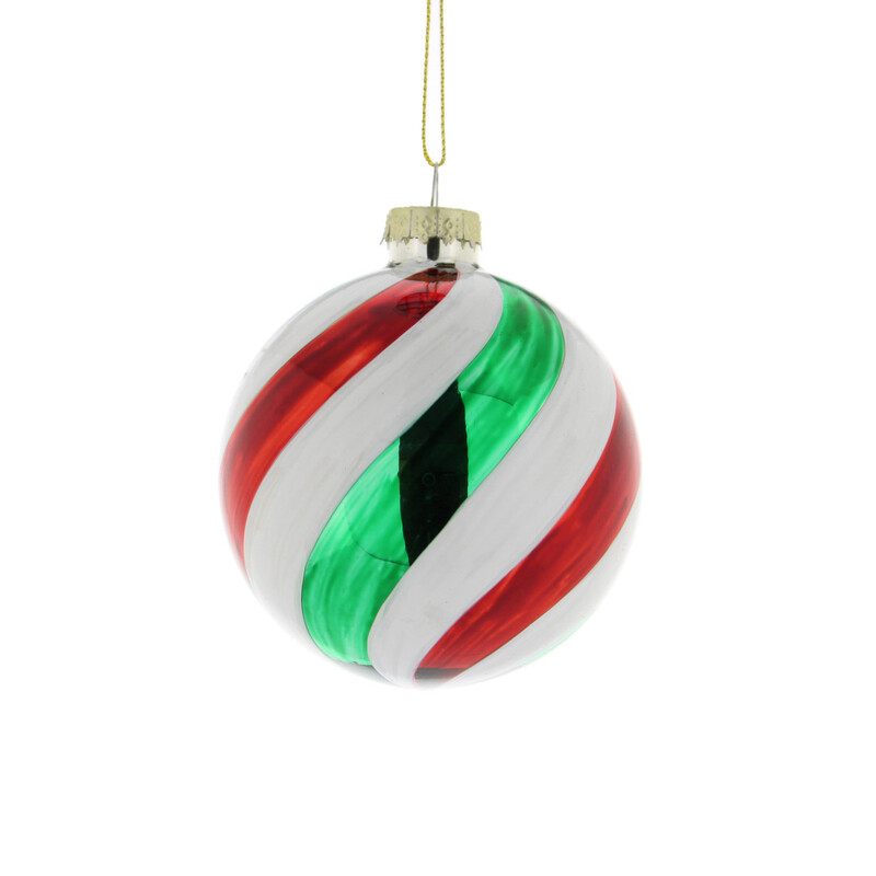 Festive Christmas Decoration: 8cm White, Green, and Red Stripe Glass Ball Ornament for Holiday Tree Decor