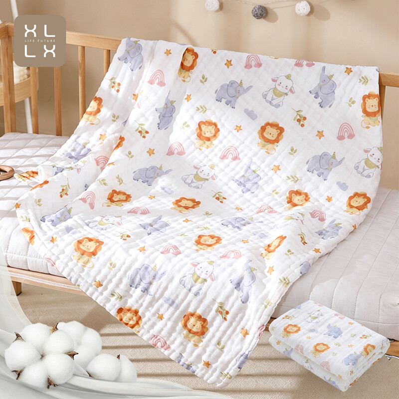 XLLX 2er-Pack Handtuch-Set (1 Stück Badetuch, 1 Stück Gesichtstuch), Mulltücher für Babys - Weiche 100 % Bio-Baumwolle große Wickeltücher, Saugfähig & atmungsaktiv und ideal zum Reinigen, Abwischen & Abdecken von Neugeborenen, Cartoon-Print-Muster (25x50