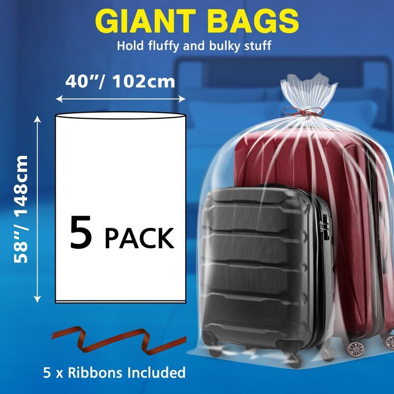 5 Pcs Extra Large Clear Plastic Storage Bags, 100×152cm Large Suitcase Cover for Packaging, Waterproof Packing Poly Bags for Cushion, Jumbo Polythene Covers for Chair, Sofa, Toy, Shoes & Furniture