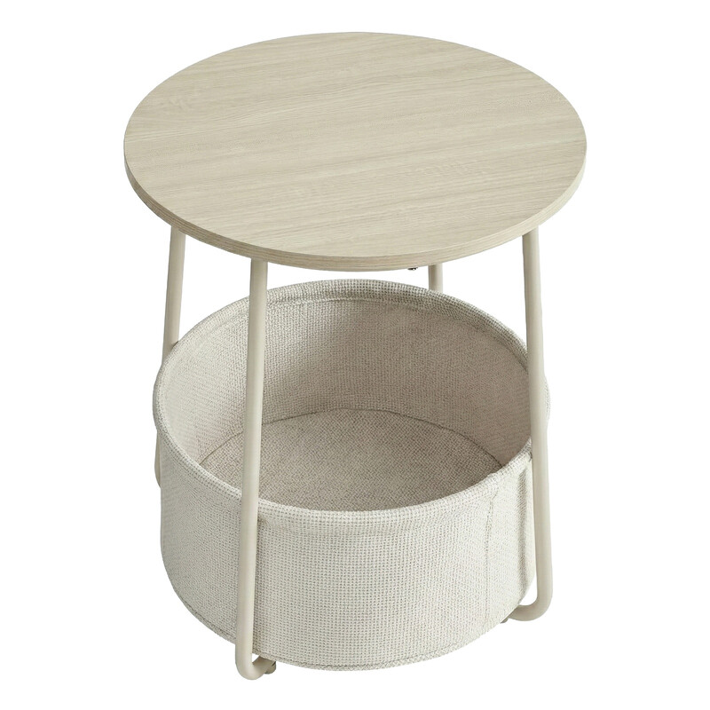 JOYFURNOS Runder Tisch, Beistelltisch, Couchtisch, Wohnzimmertisch, mit Stoffkorb, Nachttisch, naturbeige