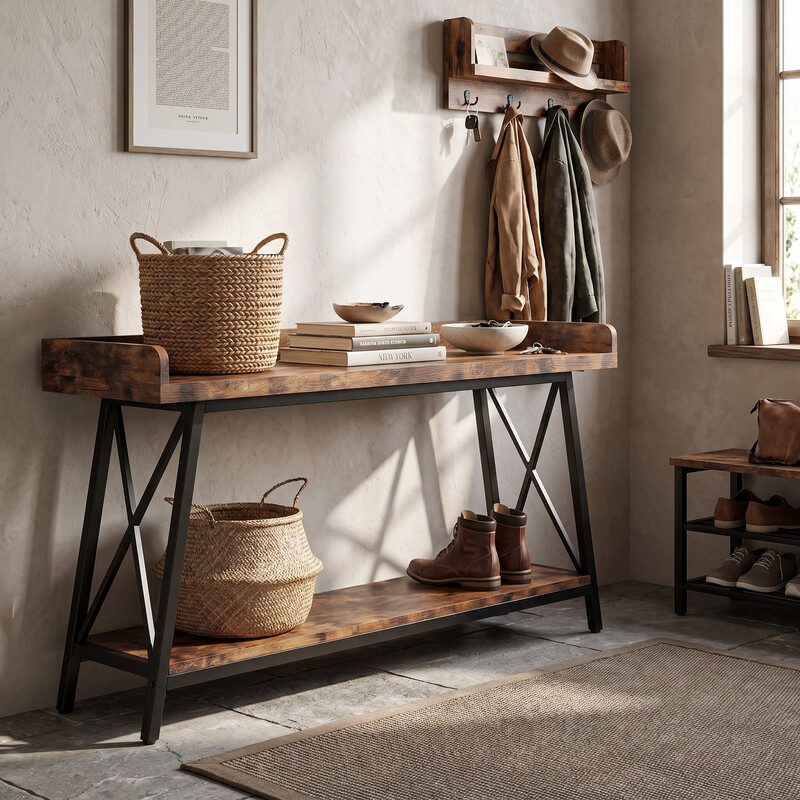 Konsolentisch hinter dem Sofa, 180 cm extra lang, rustikaler Sofatisch im Industriestil für das Wohnzimmer, schmaler Eingangsbereich, langer Bartisch, braun