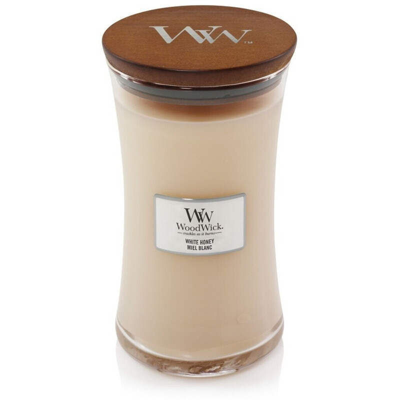 Yankee Candle White Honey Large Hourglass Duftkerze von WoodWick mit Holzdocht für langanhaltende Aromatherapie