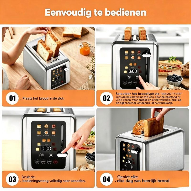 WHALL broodrooster met aanraakscherm voor 2 sneetjes, slimme digitale broodrooster met 1,5 inch brede sleuven, 6 bruiningsstanden en 6 broodsoorten, geheugenfunctie, afteltimer, geborsteld roestvrij staal, ideaal keukencadeau en essentiële keukenbenodigdh