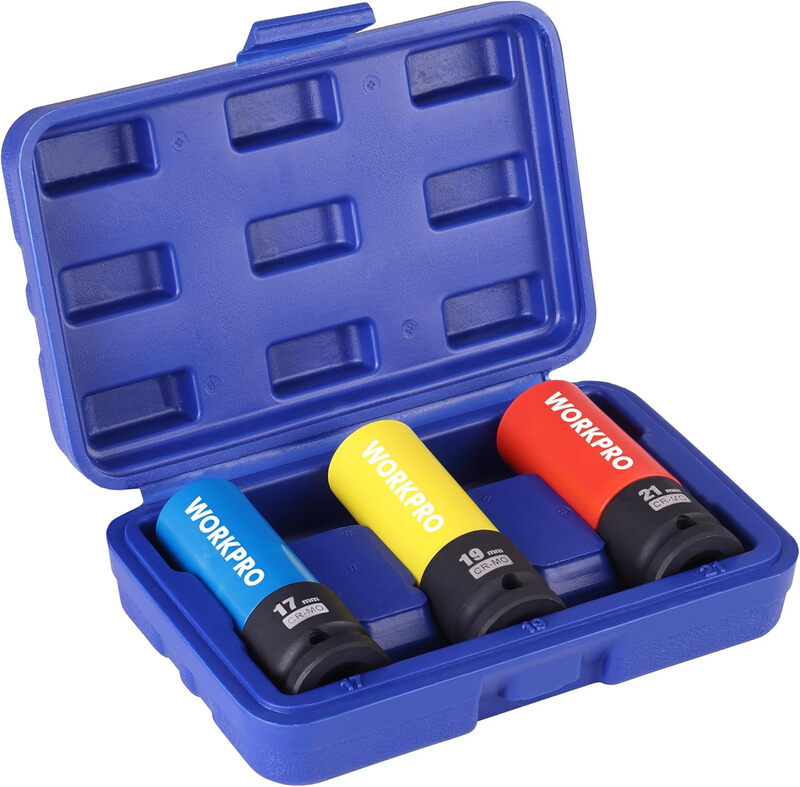 WORKPRO 1/2" Antrieb Nuss-Schlagsockel-Set, 3-teilig 17 mm 19 mm 21 mm | Dünne Wand Metrisches Schutzrad, Aufbewahrungsbox, Cr-Mo Stahl