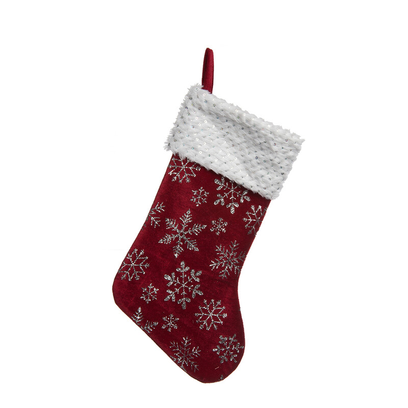 Festive 49Cm Burgundy With Silver Snowflakes Stocking