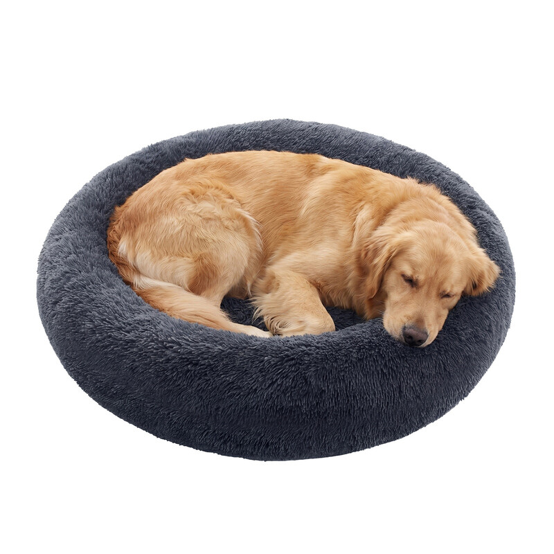 Ochama Flauschiges Hundebett, Katzenbett, Donut-Kissen, waschbar, herausnehmbare Polsterung in der Mitte, langes Plüschmaterial, 90 cm Durchmesser, Dunkelgrau