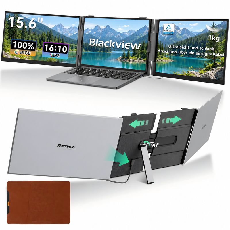 Blackview DCM6 PRO draagbare monitor, 14 inch dual-screen laptop extender, Full HD, drie-schermen laptop monitor, compatibel met 13–17,3 inch laptops