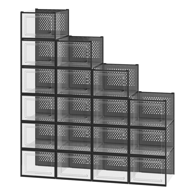 Ochama set van 18 stapelbare sneaker-organizers, transparante plastic schoenendozen voor kastopslag, zwart en transparant