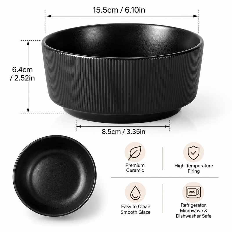 JIWOO Nordic Style 6 Zoll – mittelgroße, elegante, mattschwarze Keramikschale – Reisschale, Schale für einen Mitternachtssnack, Suppenschale, Frühstücksschale, 1 Stück