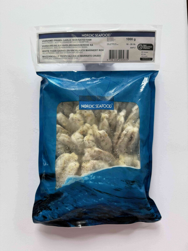 Nordic Seafood Garlic Marinated Headless Shell-On Butterfly Raw Prawns Iqf 16-20/Lb 1Kg