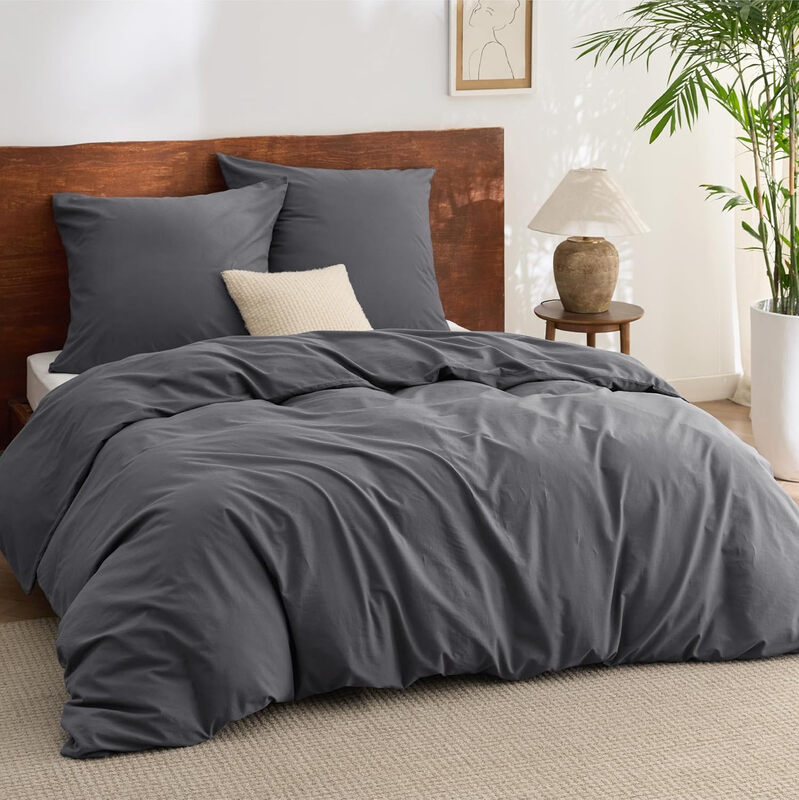 Bettwäsche 200x200 90% Baumwolle 3teilig - Bettwäsche-Sets Anthrazit Bettbezug mit 2 Kissenbezüge 80x80 cm, Ähnliche Textur wie Washed Leinen, Oeko-TEX Bedding Grau mit Reißverschluss
