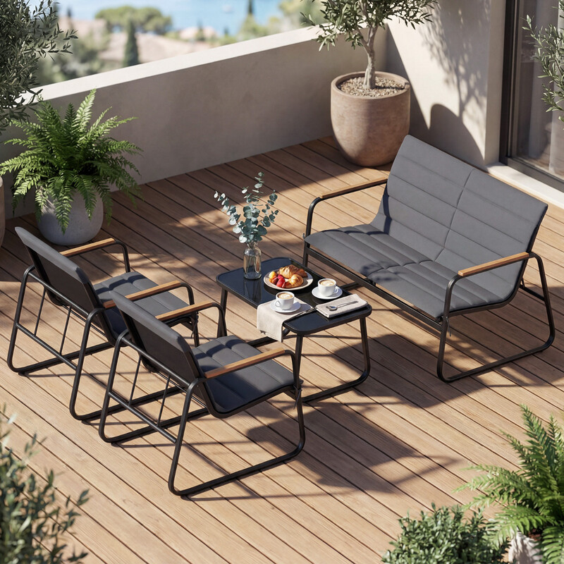 Costway 4 Pieces Outdoor Furniture Set with Cushions and Tempered Glass Table-Grey