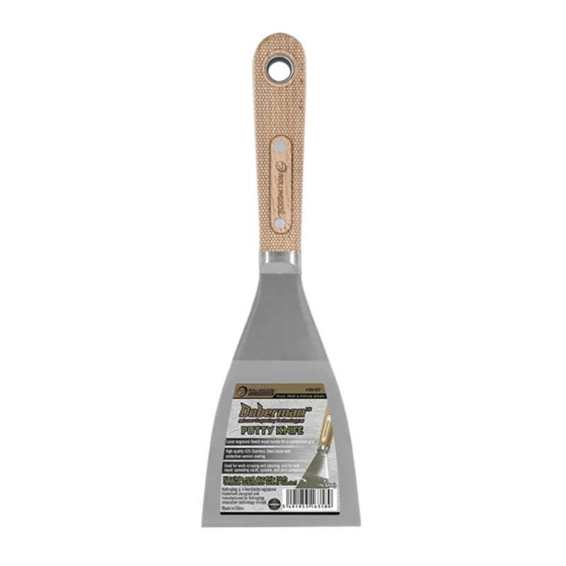 ROLLINGDOG Doberman 3" voetstift, flexibel 420 roestvrijstalen mes, beukenhouten handvat, voor invullen, schrapen, reparatie, kalk, spachtel, voegmassa, gipsplaat.