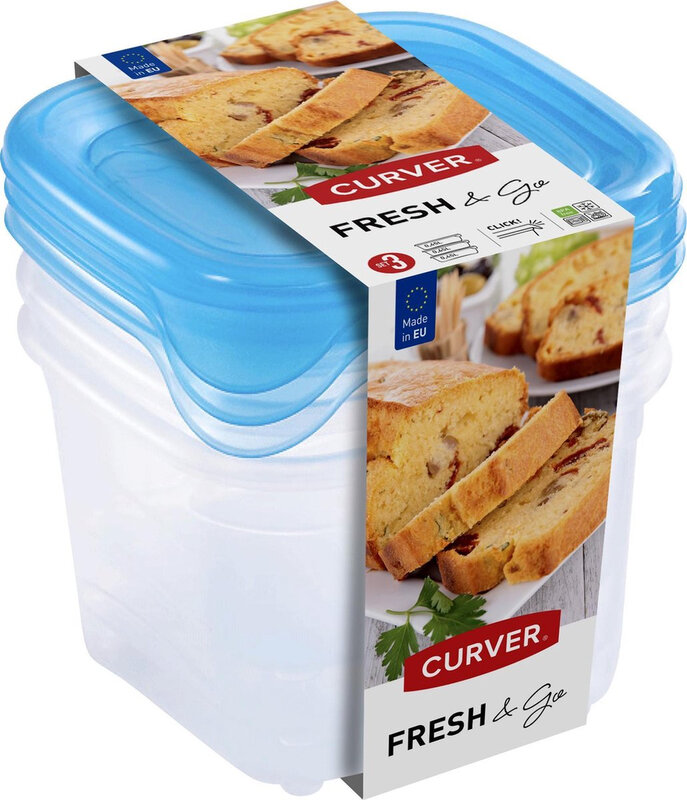 Curver Fresh & Go vershouddozen met deksel - vierkant - 3 x 0,45 l - 3 stuks - transparant/blauw - premium opbergoplossing, duurzaam kunststof, moderne huisorganisatie