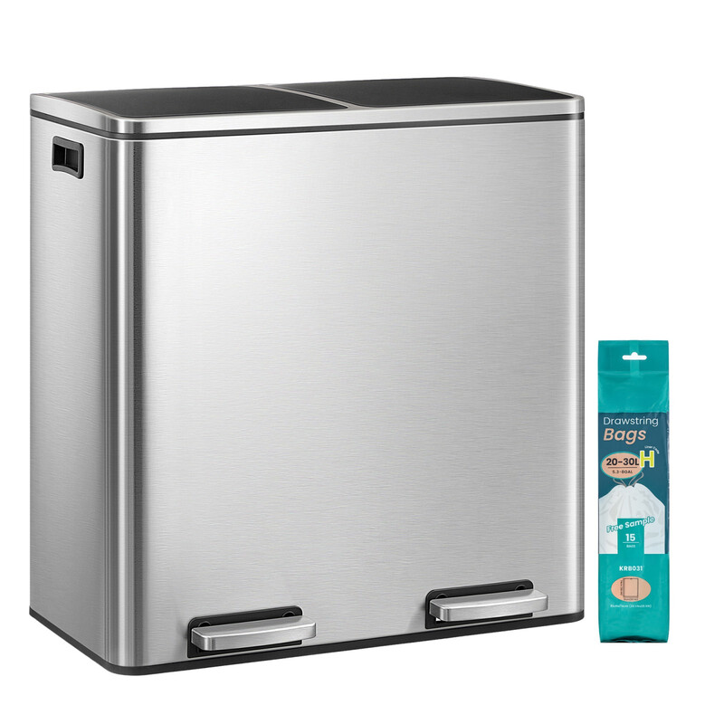 JOYFURNOS Silver & Black Dual 30L (8 Gal Each) Recycling Bin –59x36.5x62.4cm Metal, 2 Compartments with Pedals, Soft-Close Lids, Plastic Inner Buckets, Includes 15 Liners