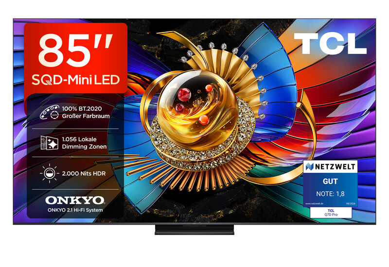 TCL 85Q7D PRO 85” SQD-Mini LED tv, 4K HDR 2000 nits, 1056 dimzones, Google TV, Dolby Vision IQ & Atmos, 2.1 Onkyo, 144 Hz, Apple AirPlay 2 & Alexa