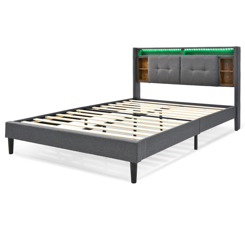 URBAN MEUBLE Grijs 140x200 cm tweepersoonsbed met opbergkasthoofdbord, USB, LED en massief houten lattenbodem – Moderne stijl