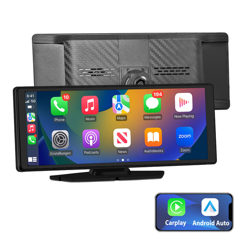 Junsun 10,26-inch dashcam, draadloze dashcam met ondersteuning voor Apple CarPlay en Android Auto, voorzien van GPS-navigatie, IPS-touchscreen, Bluetooth-audio, AUX-aansluiting, wifi en FM-radio