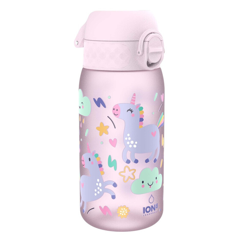ION8 waterflessen voor kinderen, BPA-vrij, lekvrij, vaatwasserbestendig, eenvoudig te openen, veilige vergrendeling, kleine waterfles voor jongens en meisjes, kinderdrinkfles voor lekvrij drinken, roze, eenhoorns, 350 ml/12 oz